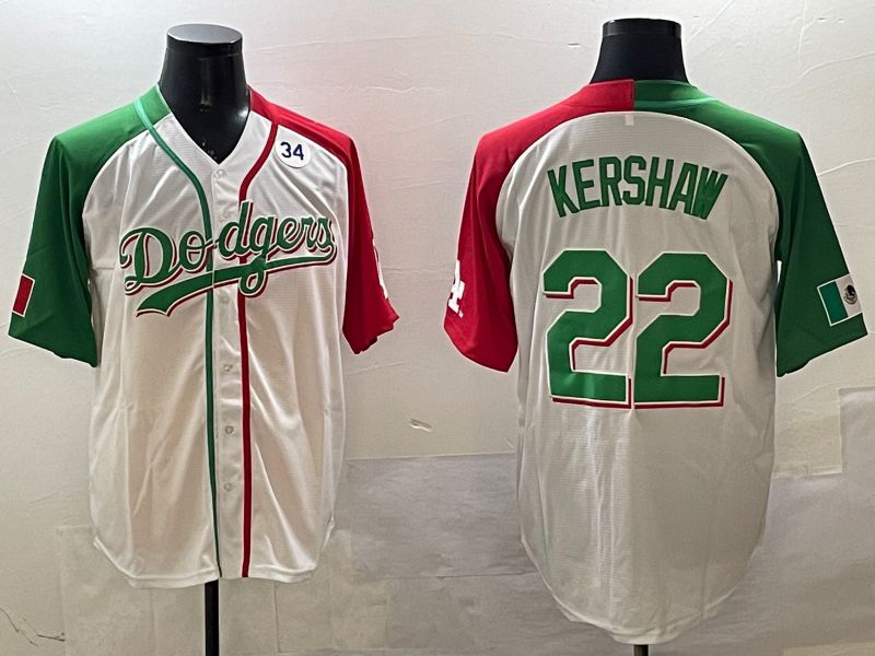 Men Los Angeles Dodgers 22 Kershaw White Green Game 2025 Nike MLB Jersey style 4